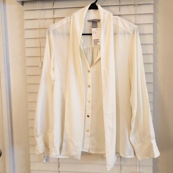 H&M Tops - H&M Tie Long Sleeve Blouse Gold Buttons White, SM